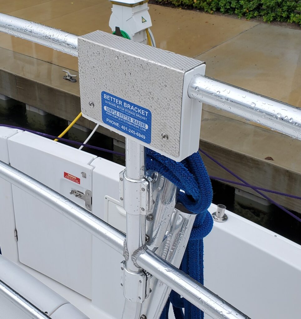 Boat stainless steel railing bracket with blue ropes